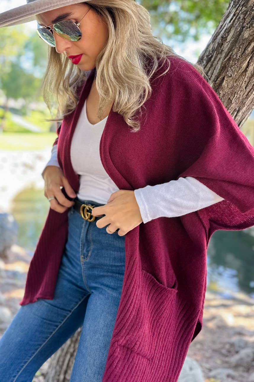 Burgundy Pocket Kimono Cardigan - One Size