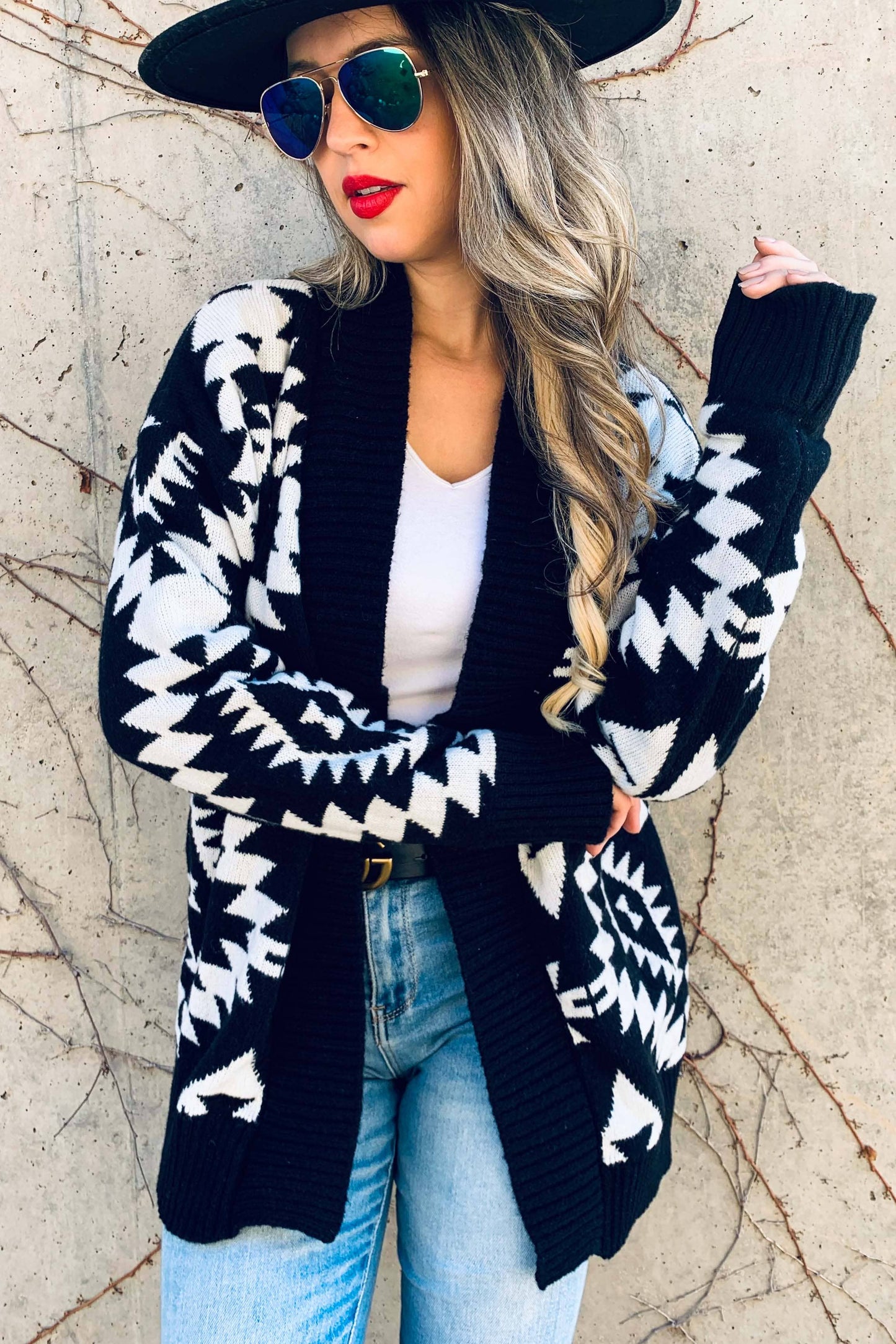 Black Aztec Printed Knit Cardigan